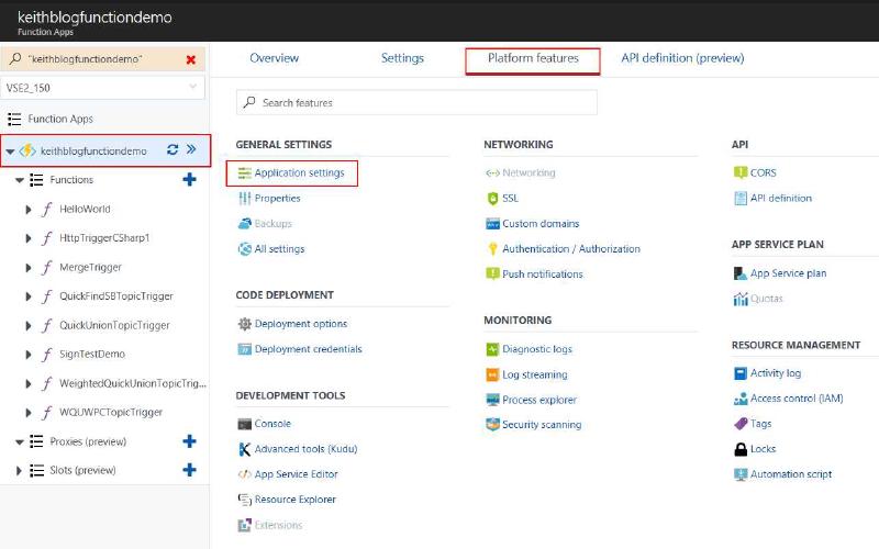 Our Functions App Settings