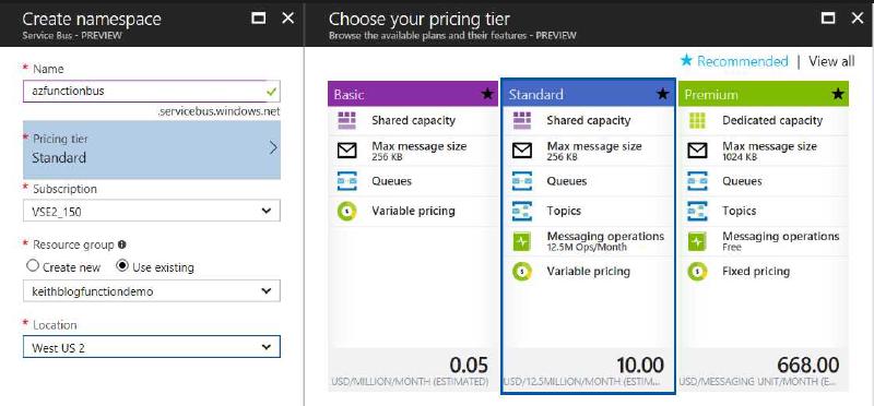 ServiceBus Setting Up Namespace