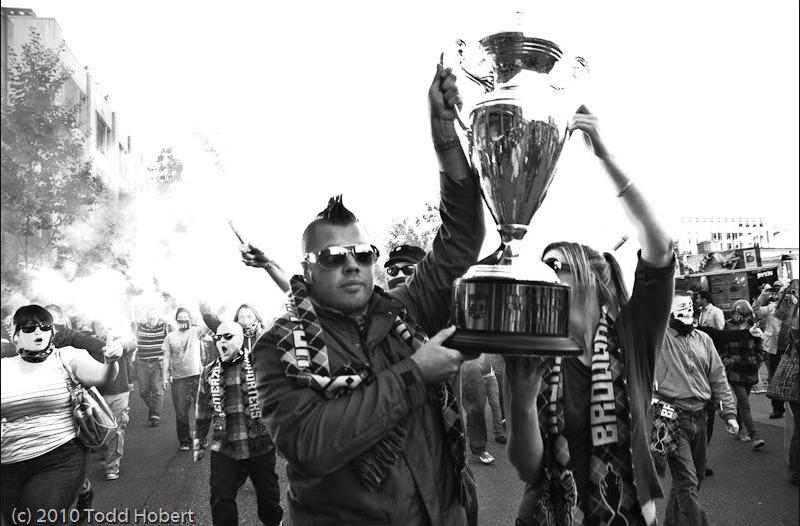 Lifting the 2010 US Open Cup at Qwest Field with the Emerald City Supporters. Yes, I had a mohawk